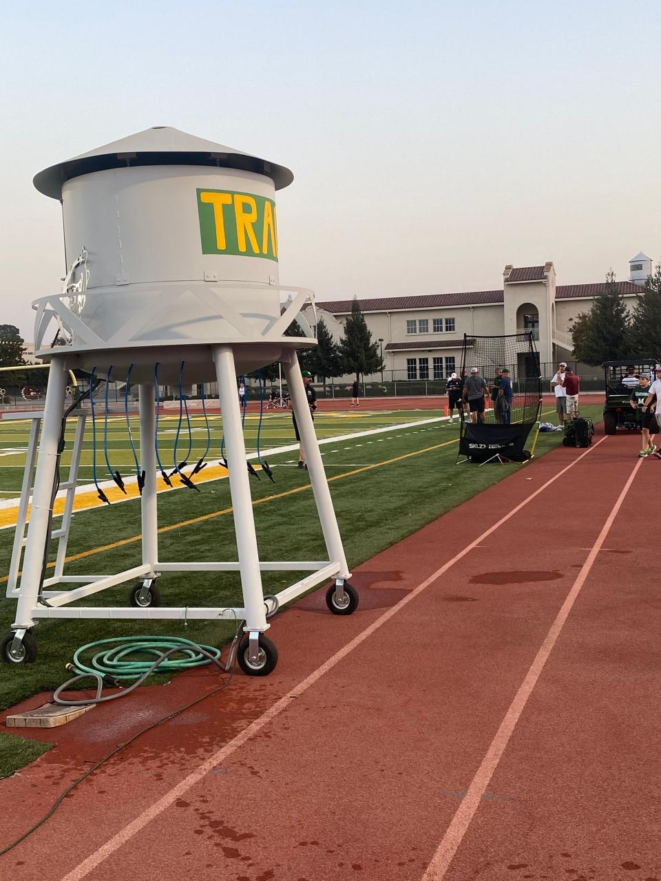 Tracy football's replica water tank of the city's water tank sits on the football field every Friday night at Tracy High School.