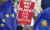 Anti Brexit protester Steve Bray who is almost permanently demonstrating outside the Houses of Parliament watches the traffic as he holds up placards in London, Monday, Jan. 28, 2019. British Prime Minister Theresa May faces another bruising week in Parliament as lawmakers plan to challenge her minority Conservative government for control of Brexit policy. (AP Photo/Alastair Grant)