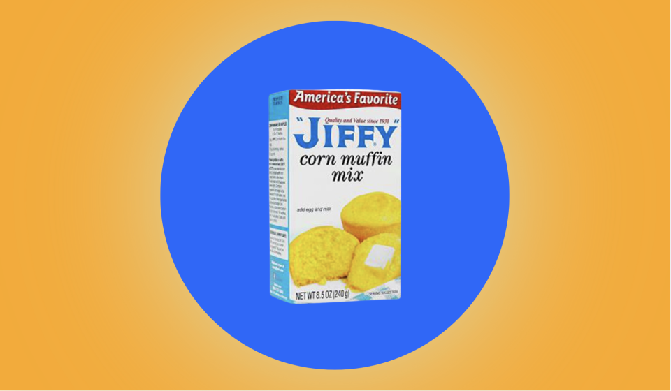 Box of Jiffy Corn Muffin Mix against a blue and orange background