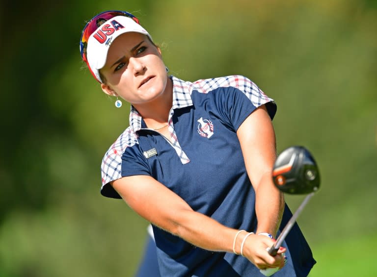 Lexi Thompson of Team USA reacts to a shot on August 20, 2017 in West Des Moines, Iowa