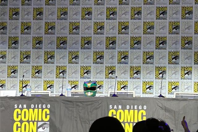<p>PATRICK GOMEZ</p> Green Power Ranger helmet at Comic Con