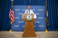 FILE - Kentucky Gov. Andy Beshear speaks during a news conference after the Kentucky Supreme Court heard oral arguments for two cases challenging the governor's ability to issue emergency declarations, June 10, 2021, in Frankfort, Ky. (Ryan C. Hermens/Lexington Herald-Leader via AP, Pool)