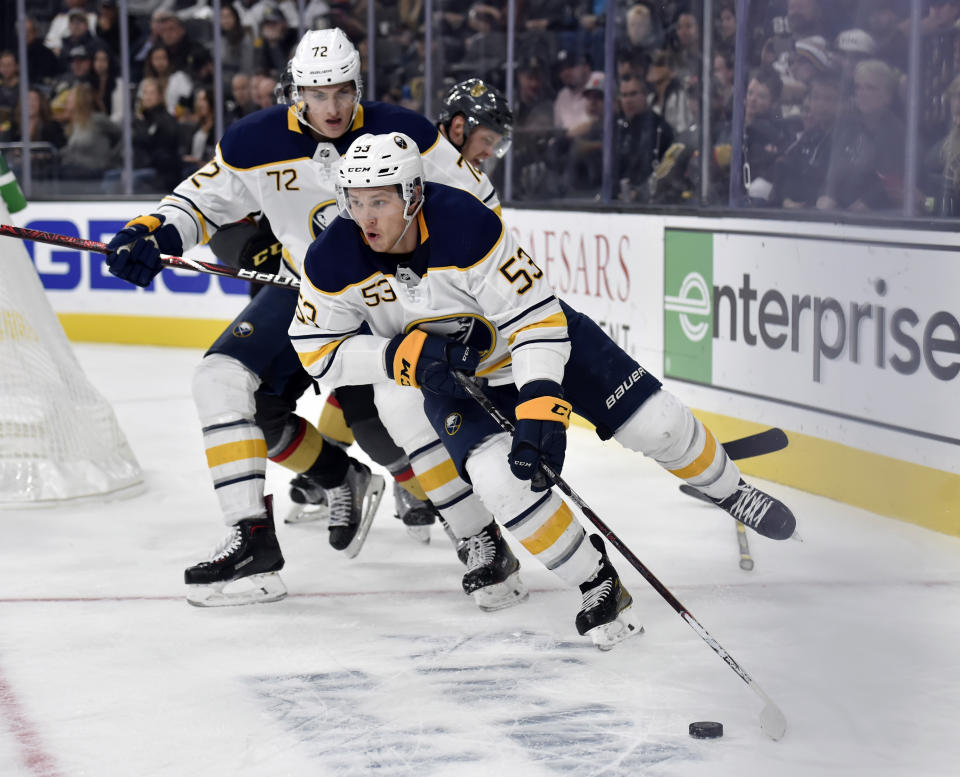 Buffalo Sabres left wing Jeff Skinner (53) skates with the puck against the Vegas Golden Knights during the third period of an NHL hockey game, Tuesday, Oct. 16, 2018, in Las Vegas. (AP Photo/David Becker)