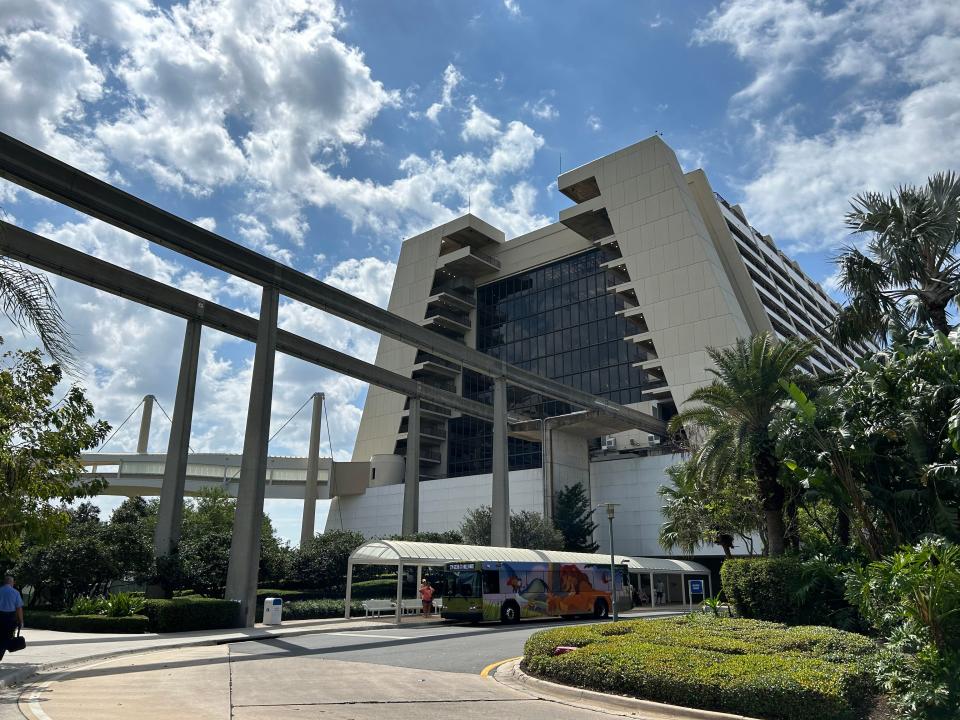 Exterior of Disney contemperary, stone building with metal sticking out