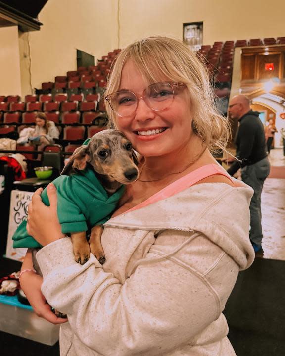 Liv Lyman at Spotlight with her Bruiser in “Legally Blonde,” a puppy Dachshund owned by cast member Nancy Teerlinck.
