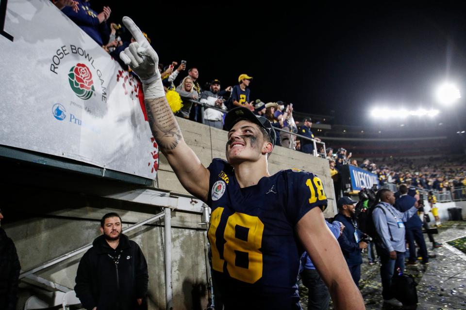 Michigan tight end Colston Loveland (18) celebrates a 27-20 Rose Bowl victory over Alabama in the 2024 Rose Bowl in Pasadena, California, on Monday, January 1, 2024.