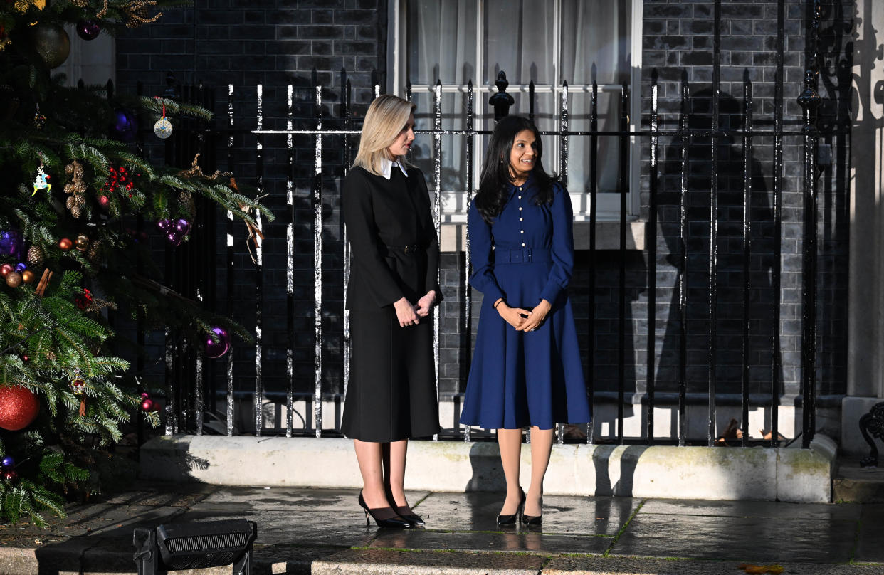 LONDON, ENGLAND - NOVEMBER 28: Ukraine's First Lady Olena Zelenska and Akshata Murthy, wife of Prime Minister Rishi Sunak after a meeting at Downing Street on November 28, 2022 in London, England. Zelenska's husband, Ukrainian President Volodymyr Zelensky, has not left his country since the start of Russia's invasion in February 2022. (Photo by Leon Neal/Getty Images)