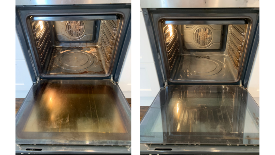 dirty and clean oven after using Scrub daddy and the pink stuff