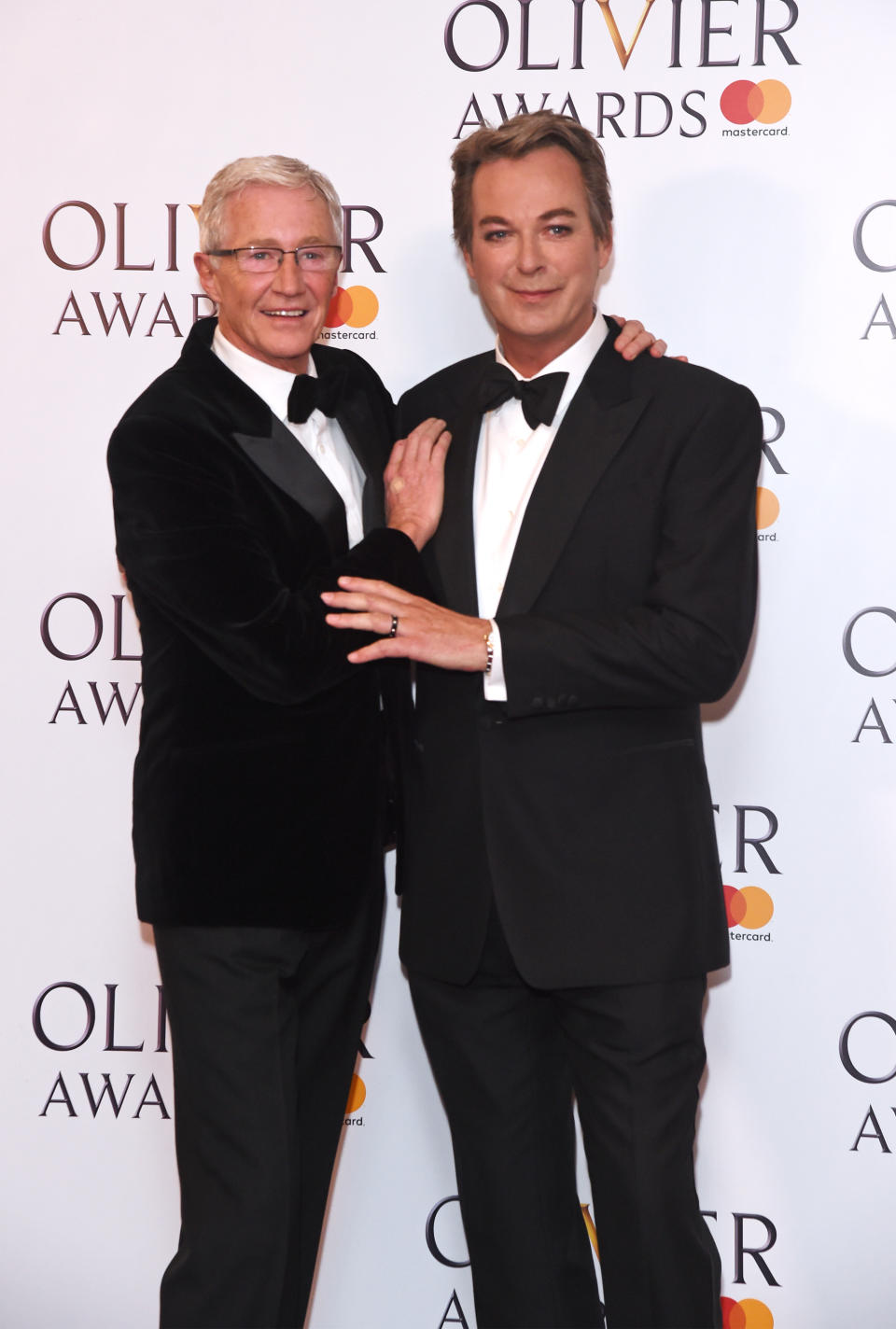 LONDON, ENGLAND - APRIL 09:  Paul O'Grady (L) and Julian Clary pose in the winners room at The Olivier Awards 2017 at Royal Albert Hall on April 9, 2017 in London, England.  (Photo by David M. Benett/Dave Benett/Getty Images)