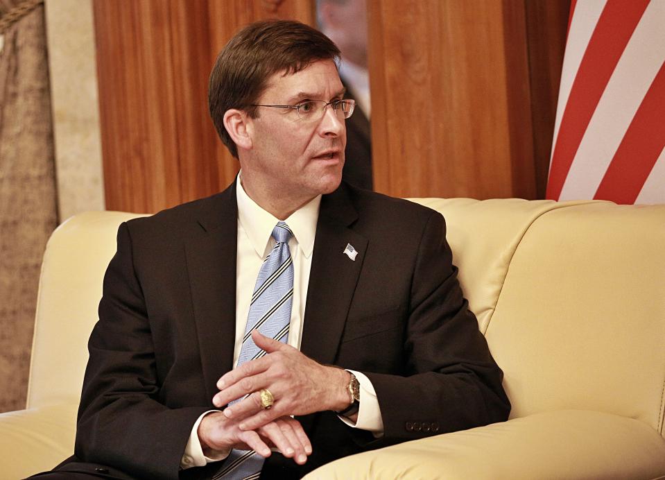 U.S. Defense Secretary Mark Esper meets with his Iraqi counterpart at the Ministry of Defense, Baghdad, Iraq, Wednesday, Oct. 23, 2019. Esper has arrived in Baghdad on a visit aimed at working out details about the future of American troops that are withdrawing from Syria to neighboring Iraq. (AP Photo/Hadi Mizban)