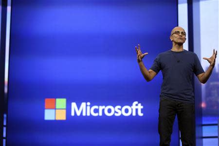 Microsoft CEO Satya Nadella gestures as he speaks during his keynote address at the company's "build" conference in San Francisco, California April 2, 2014. REUTERS/Robert Galbraith
