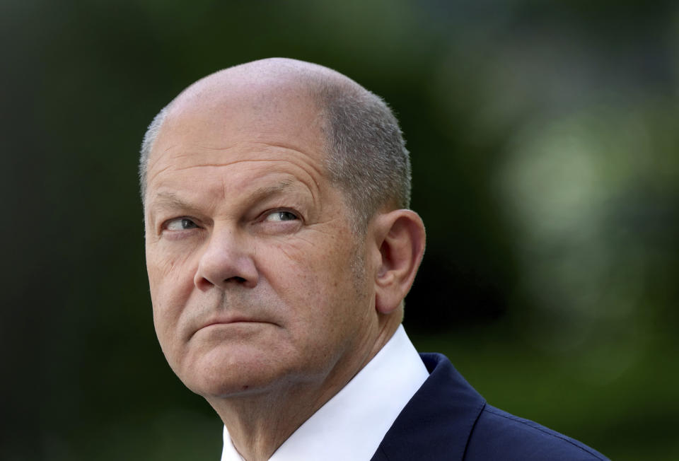 FILE -- German Chancellor Olaf Scholz attends a press conference at the Chancellery in Berlin, Germany, Monday, July 4, 2022. German lawmakers were poised Thursday to approve a major package of reforms aimed at boosting the production of renewable power, as Chancellor Olaf Scholz warned that the country has for too long relied on energy supplies from Russia. (AP Photo/Michael Sohn,file)