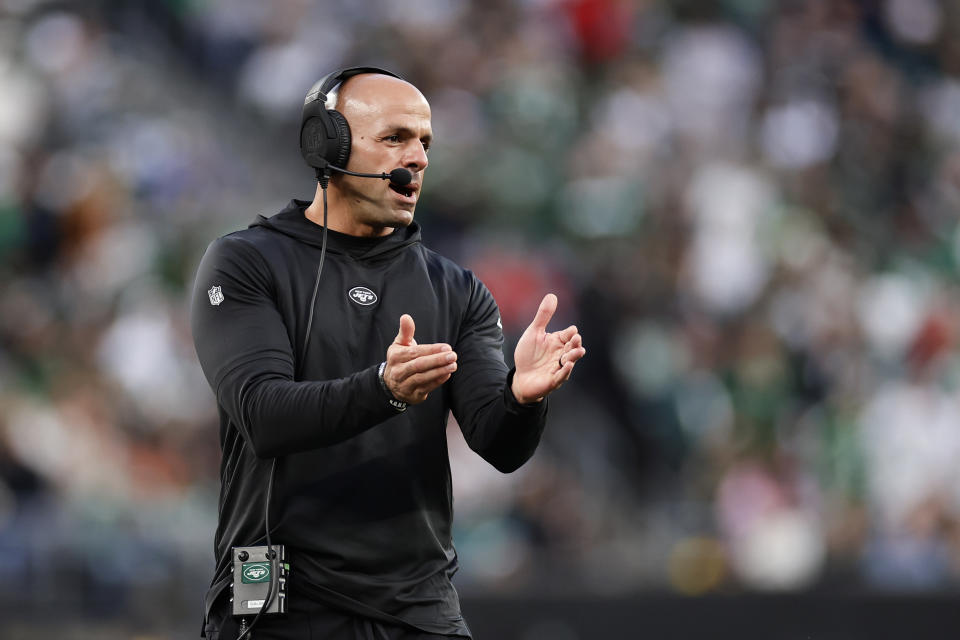 New York Jets head coach Robert Saleh reacts during the first half of an NFL football game against the Philadelphia Eagles, Sunday, Oct. 15, 2023, in East Rutherford, N.J. (AP Photo/Adam Hunger)