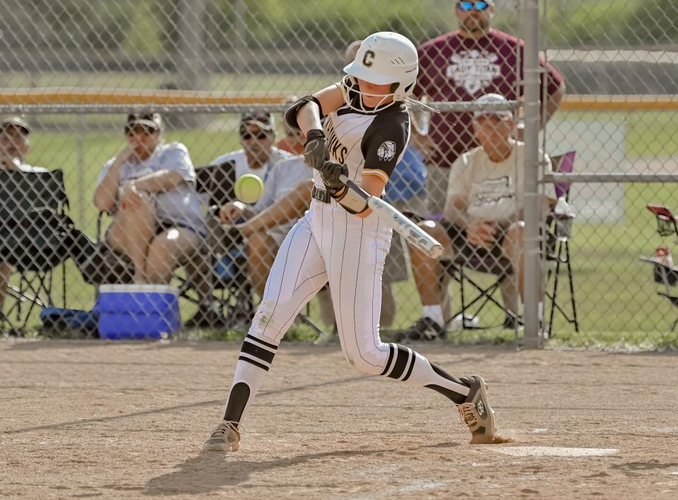 Cowan softball's McKenna Minton bats in the team's regional championship game against Tri at Cowan High School on Tuesday, May 30, 2023.