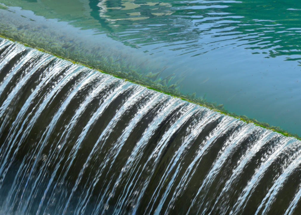 Water flowing over dam.