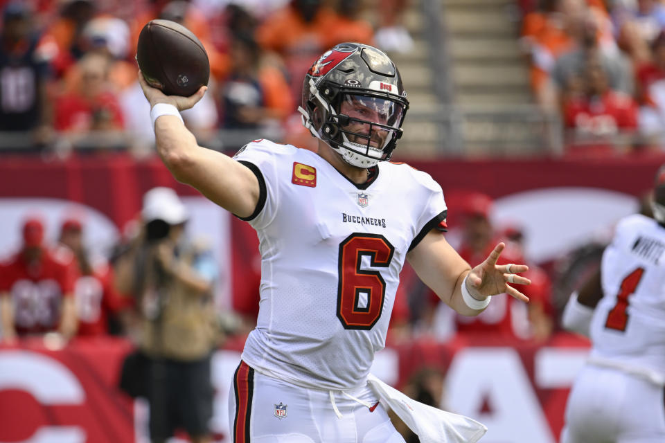 Tampa Bay Buccaneers quarterback Baker Mayfield (6) throws a pass against the Denver Broncos during the first half of an NFL football game, in Tampa, Fla. on Sunday, Sept. 22, 2024. (AP Photo/Jason Behnken)