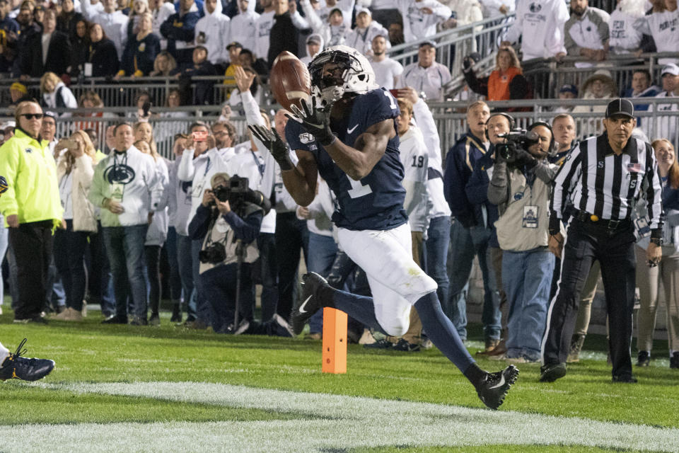 UNIVERSITY PARK, PA - OCTOBER 19:  Penn State Nittany Lions Wide Receiver KJ Hamler (1) catches a pass for a touchdown during the first half of the game between the Michigan Wolverines and the Penn State Nittany Lions on October 19, 2019, at Beaver Stadium in University Park, PA, (Photo by Gregory Fisher/Icon Sportswire via Getty Images)