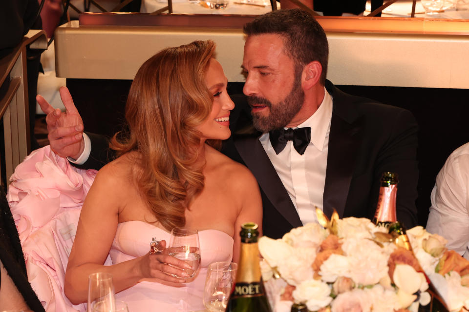 Jennifer Lopez and Ben Affleck at the 81st Golden Globe Awards held at the Beverly Hilton Hotel on January 7, 2024 in Beverly Hills, California. (Photo by Christopher Polk/Golden Globes 2024/Golden Globes 2024 via Getty Images)