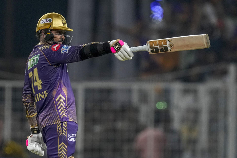 Kolkata Knight Riders' Sunil Narine celebrates his fifty runs during the Indian Premier League cricket match between Kolkata Knight Riders and Punjab Kings' in Kolkata, India, Friday, April 26, 2024. (AP Photo/Bikas Das)