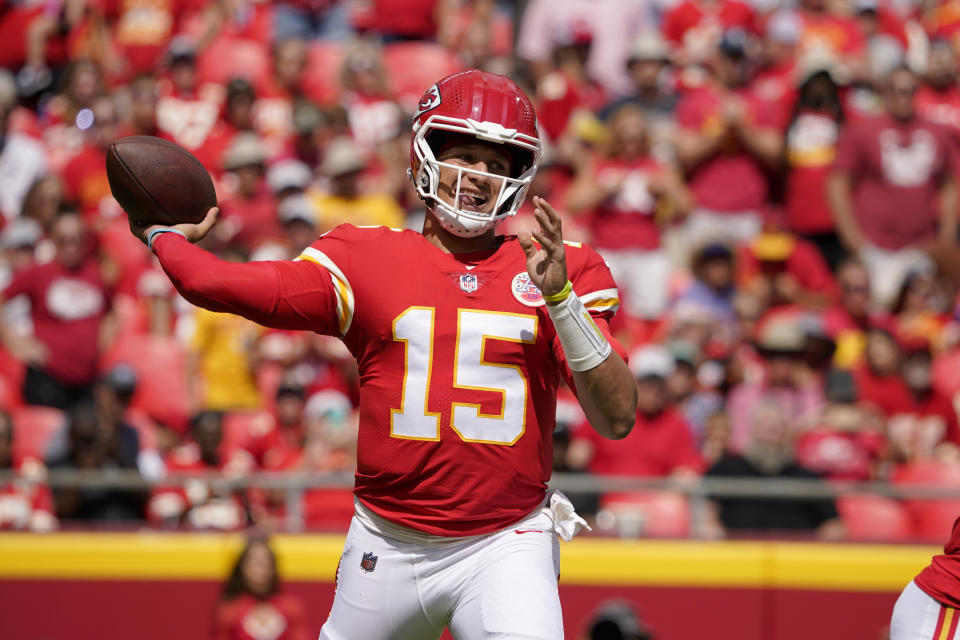 Kansas City Chiefs quarterback Patrick Mahomes throws during the first half of an NFL preseason football game against the Washington Commanders Saturday, Aug. 20, 2022, in Kansas City, Mo. (AP Photo/Ed Zurga)