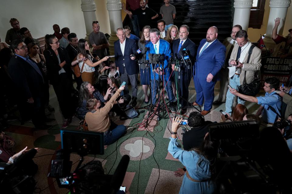 Ken Paxton's attorneys speak at a news conference after Paxton was acquitted of all charges in his impeachment trial at the Capitol on Sept. 16.