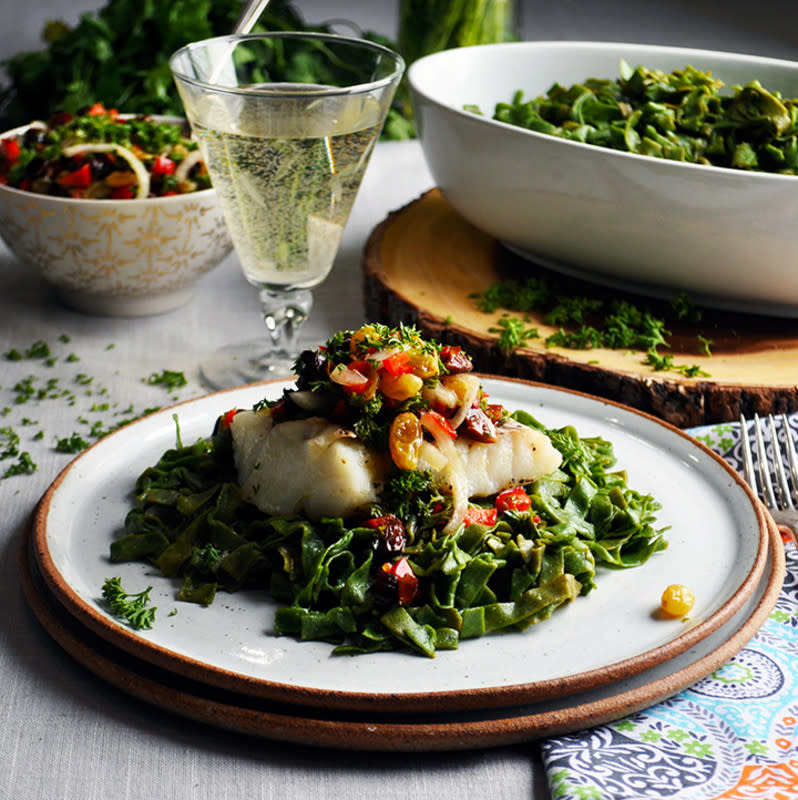 <p>A Little and A Lot</p><p>Bright green spinach pasta is topped with simple garlic and lemon marinated baked cod and covered in Agrodolce, a colorful, sweet and sour Italian condiment that turns a simple meal of pasta and fish into a gourmet feast.</p><p><strong>Get the Recipe: </strong><a href="https://alittleandalot.com/spinach-pasta-baked-cod-agrodolce/" rel="nofollow noopener" target="_blank" data-ylk="slk:Spinach Pasta with Baked Cod and Agrodolce;elm:context_link;itc:0;sec:content-canvas" class="link "><strong>Spinach Pasta with Baked Cod and Agrodolce</strong></a></p><p><strong>Related: <a href="https://parade.com/845209/felicialim/21-savory-spring-pea-recipes-youll-absolutely-love/" rel="nofollow noopener" target="_blank" data-ylk="slk:21 Savory Spring Pea Recipes You'll Absolutely Love;elm:context_link;itc:0;sec:content-canvas" class="link ">21 Savory Spring Pea Recipes You'll Absolutely Love</a></strong></p>