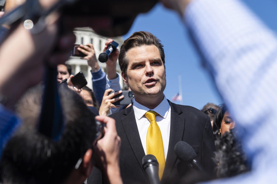 Rep. Matt Gaetz, a Republican from Florida, speaks to members of the media outside the Capitol on Oct. 2, 2023.  / Credit: Eric Lee/Bloomberg via Getty Images