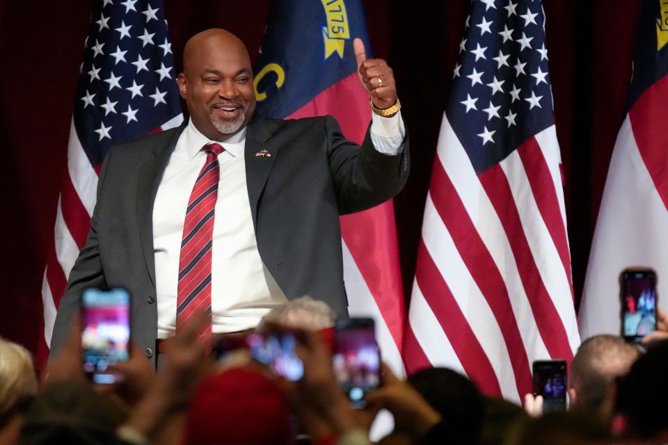 North Carolina Lt. Gov. Mark Robinson speaks at an election night event in Greensboro, N.C., Tuesday, March 5, 2024.