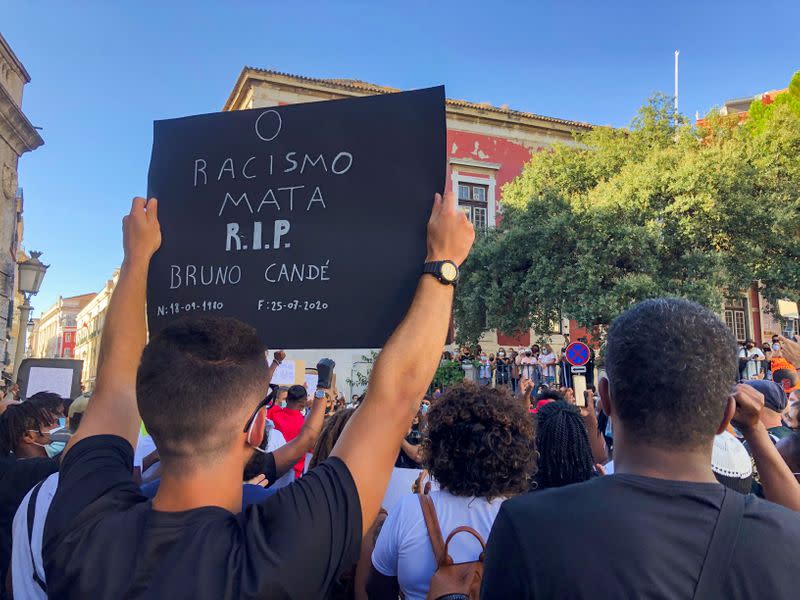 People take part in an anti-racism protest in honour of Bruno Cande in Lisbon