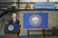 President Joe Biden speaks about his infrastructure agenda at the New Hampshire Port Authority in Portsmouth, N.H., Tuesday, April 19, 2022. (AP Photo/Patrick Semansky)