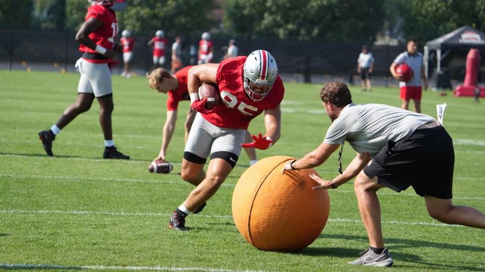 Aug 3, 2023; Columbus, OH, USA; Bennett Christian during the first football practice of the 2023 season at the Woody Hayes Athletic Center. Mandatory Credit: Doral Chenoweth-The Columbus Dispatch