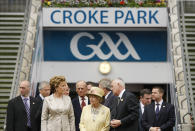 <p>The Queen's 2011 visit to Ireland was historic - the first by a reigning British monarch since 1911. Here with President of the Irish Republic Mary McAleese and GAA President Christy Cooney at Croke Park, Dublin. (Getty Images)</p> 