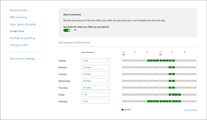 Xbox One screen time settings