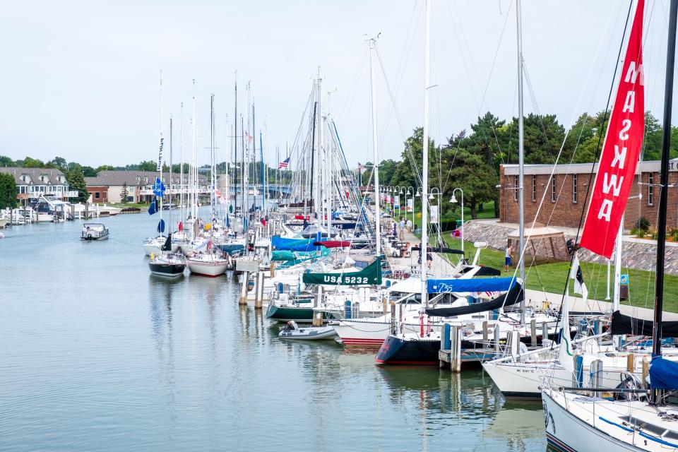 Boats are docked along the Black River during Boat Week Friday, July 23, 2021, in Port Huron. The 97th consecutive running of the Port Huron-to-Mackinac race sets off Saturday.