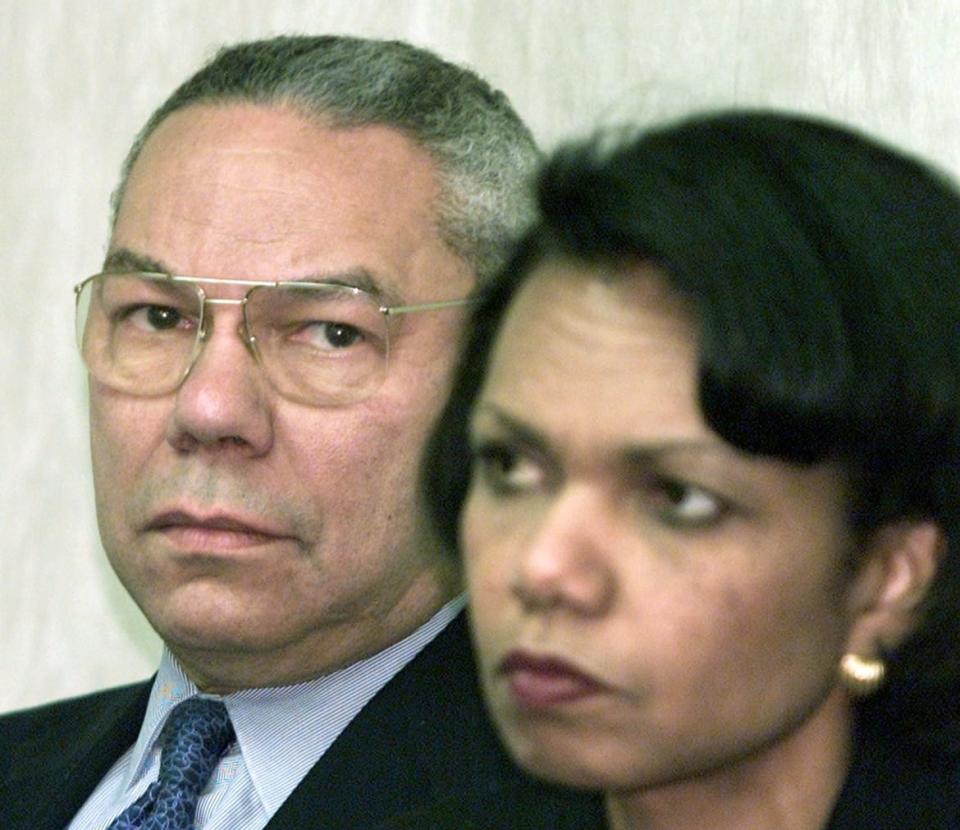 <div class="inline-image__caption"><p>U.S. Secretary of State Colin Powell listens to a question from the press to U.S. President George W. Bush with National Security Advisor Condoleezza Rice in Quebec City, Canada, April 20, 2001. </p></div> <div class="inline-image__credit">REUTERS</div>