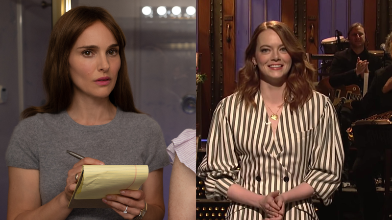 Natalie Portman in May December; Emma Stone on SNL