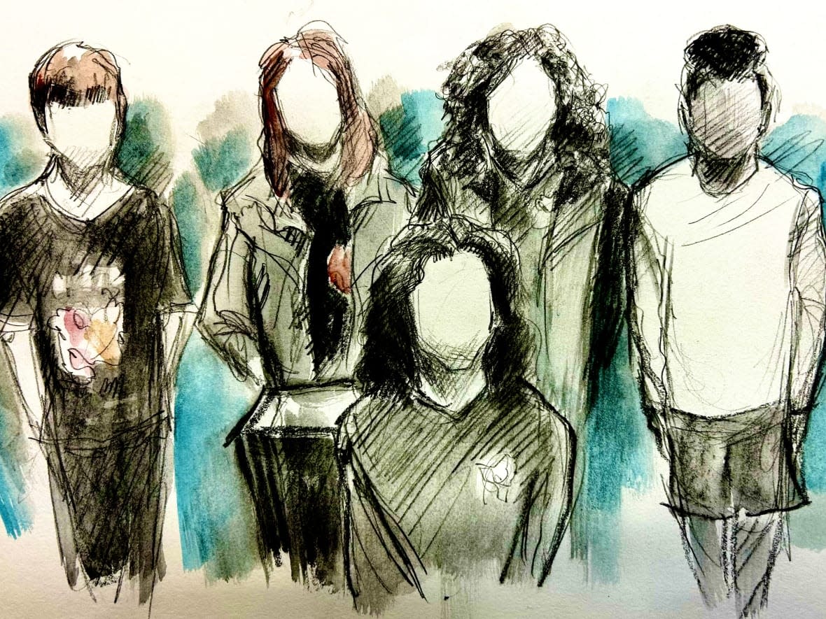 The five boys charged in the Kennedy Station stabbing that left one person in life-threatening condition appeared in court Saturday. (Pam Davies/CBC - image credit)