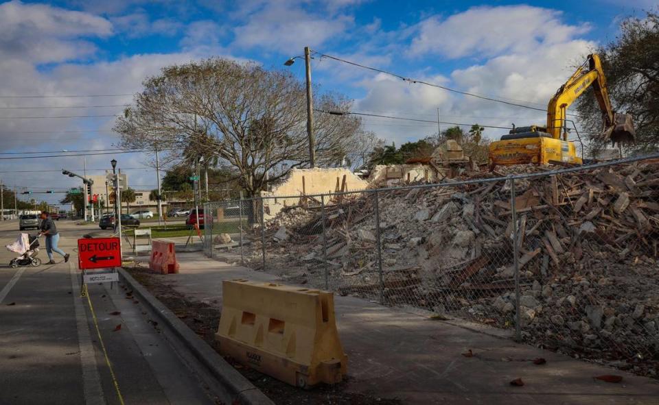 The historic, long-vacant DuPuis Medical Office and Lemon City Drug Store from 1902, which partially collapsed on January 8, is demolished in Miami’s Little Haiti on Jan. 23, 2024..