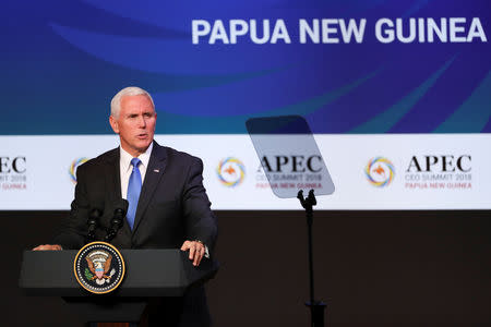 U.S. Vice President Mike Pence speaks during the APEC CEO Summit 2018 at Port Moresby, Papua New Guinea, 17 November 2018. Fazry Ismail/Pool via REUTERS