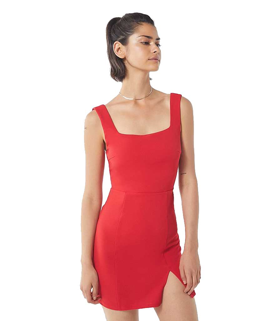 Red mini dress with small slit. (Photo: Urban Outfitters)