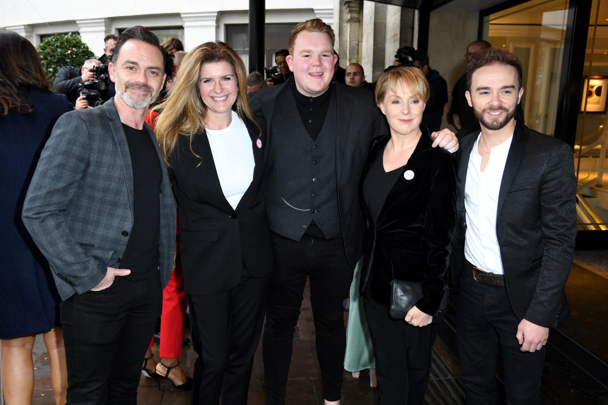 Members of the cast of Coronation Street (left to right: Dan Brocklebank, Connie Hyde, Colson Smith, Sally Dyvenor, Jack P. Shepard attending the TRIC Awards 50th Birthday held at The Grosvenor House Hotel, London. Picture Credit Should Read: Doug Peters/EMPICS