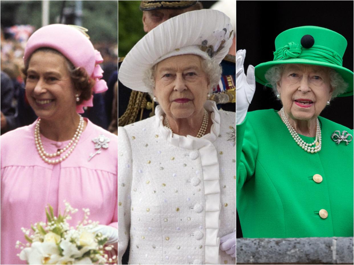 Side by side of the Queen in a pink coat and round cap, a white coat and slanted wide hat, and in a green coat and wide-brimmed hat.