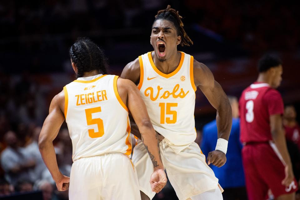 Tennessee guard Jahmai Mashack celebrates a play during the Volunteers' win against No. 1 Alabama.