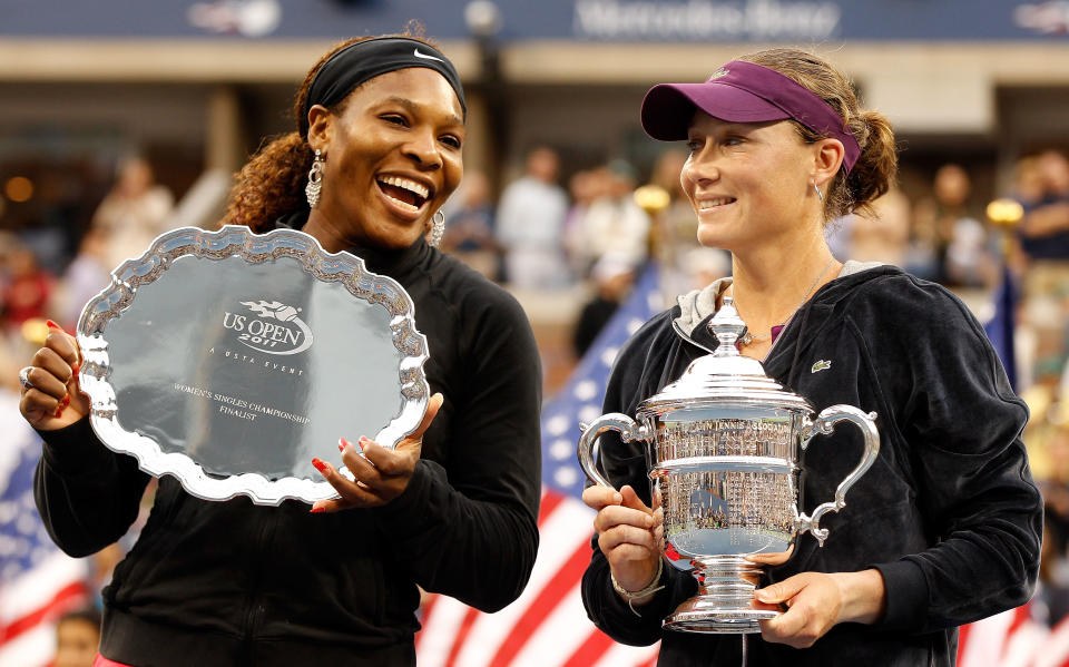 Sam Stosur, pictured here celebrating with the US Open trophy alongside Serena Williams in 2011.