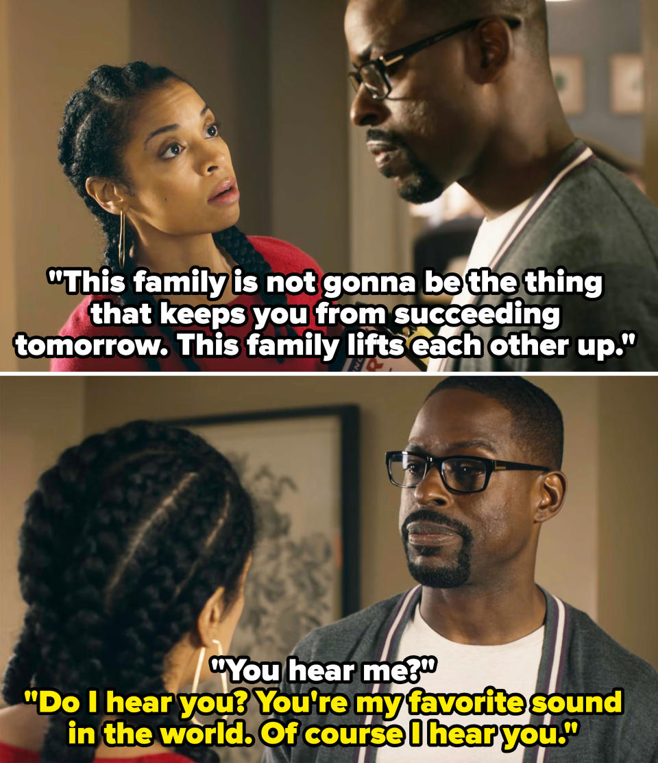 Susan Kelechi Watson and Sterling K. Brown stand in conversation indoors. They both have serious expressions and appear to be discussing something important