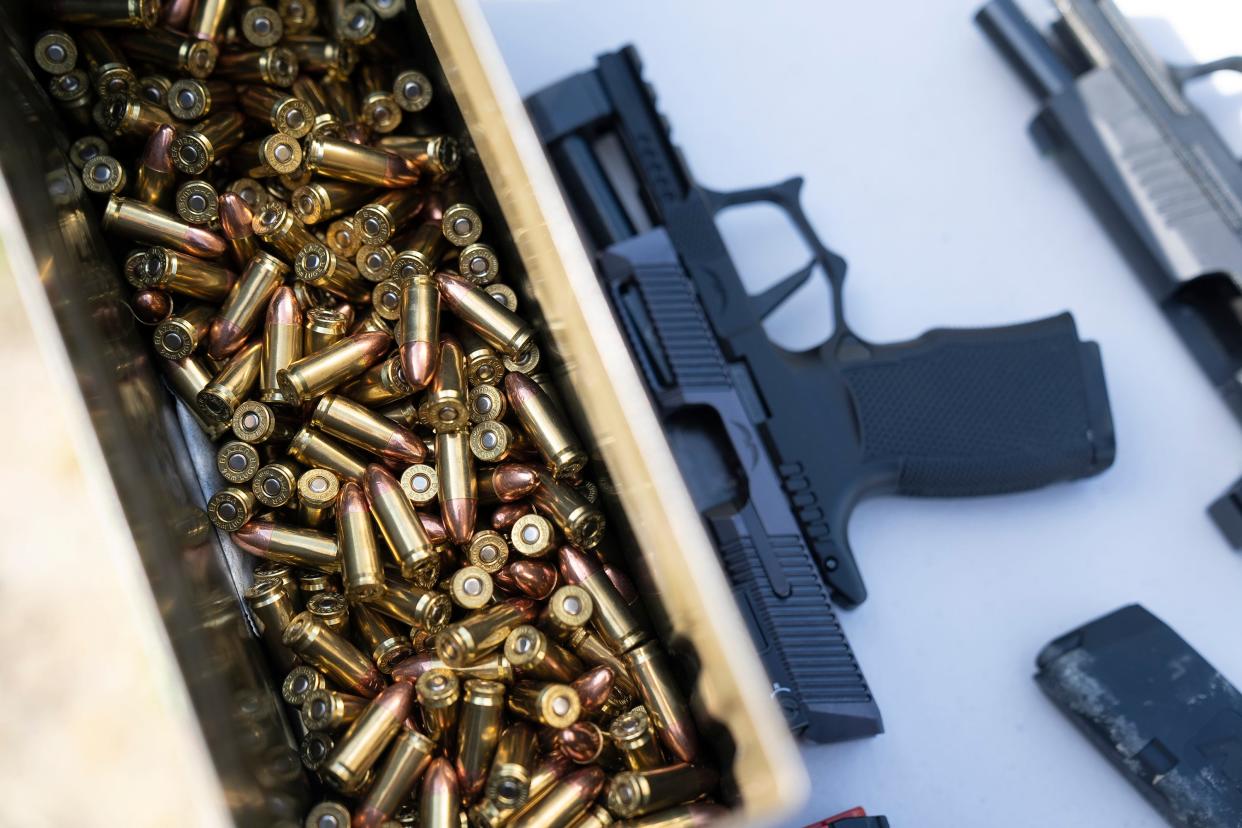 May 6, 2023; Medina, Ohio, USA; Bullets are available for reloading during a concealed carry class taught by Jim Irvine.  Mandatory Credit: Brooke LaValley/Columbus Dispatch