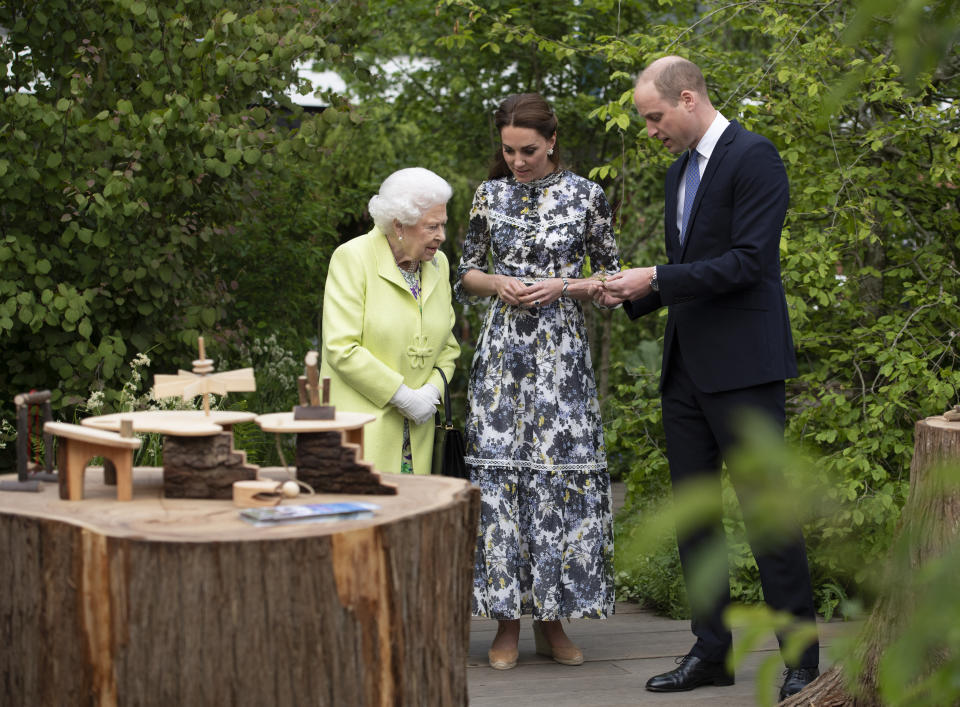 LONDON, ENGLAND - MAY 20: Queen Elizabeth II is shwon around 'Back to Nature' by Prince William and Catherine, Duchess of Cambridge at the RHS Chelsea Flower Show 2019 press day at Chelsea Flower Show on May 20, 2019 in London, England. (Photo by Geoff Pugh - WPA Pool/Getty Images)