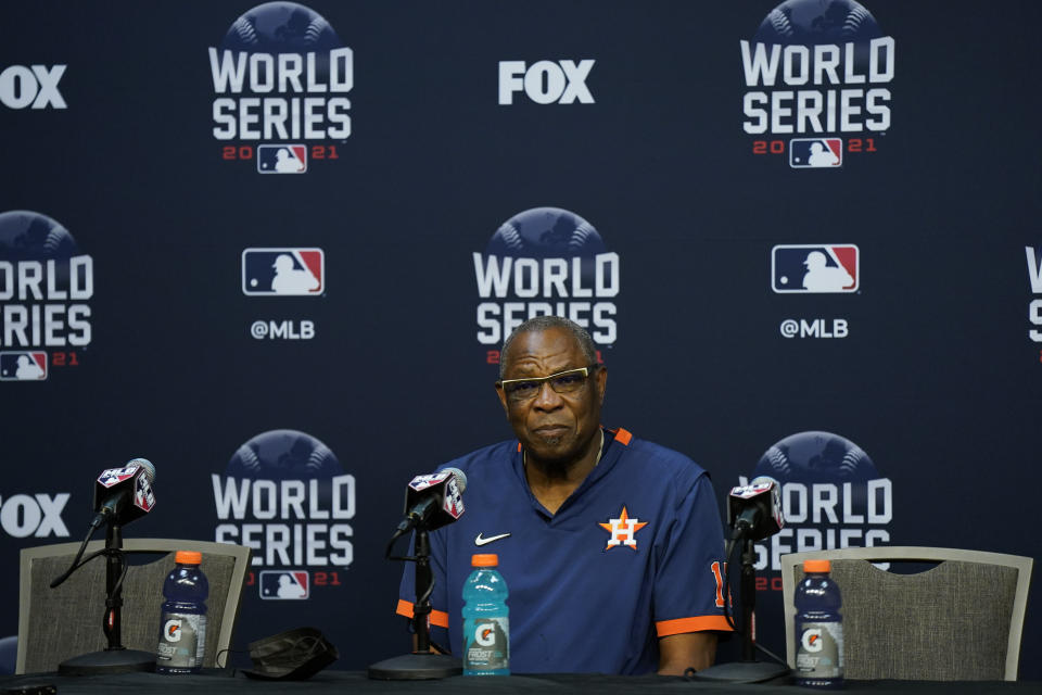 Houston Astros manager Dusty Baker Jr. listens to a question during a news conference Monday, Oct. 25, 2021, in Houston, in preparation for Game 1 of baseball's World Series tomorrow between the Houston Astros and the Atlanta Braves. (AP Photo/David J. Phillip)