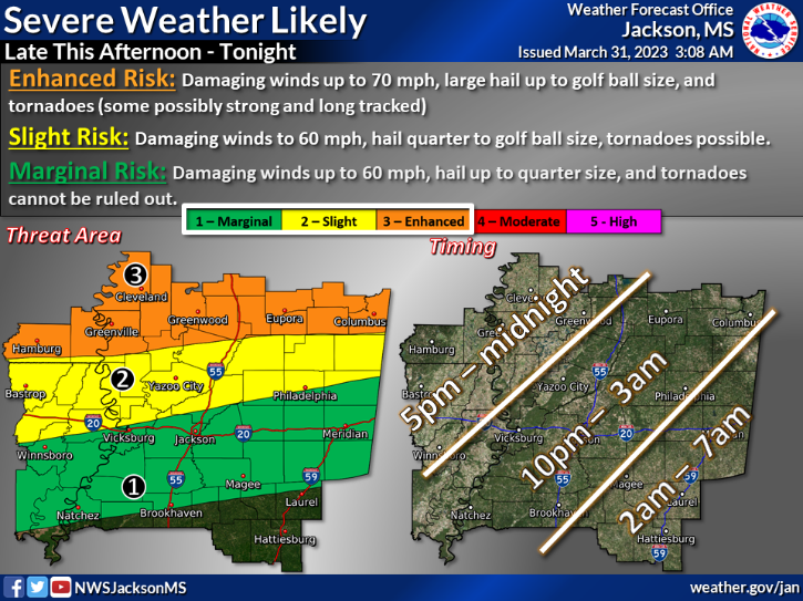 The National Weather Service is warning of likely severe weather in Mississippi later today into Saturday morning.