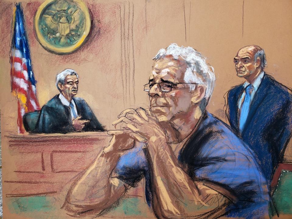 FILE PHOTO: U.S. financier Jeffrey Epstein looks on near his lawyer Martin Weinberg and Judge Richard Berman during a status hearing in his sex trafficking case, in this court sketch in New York, U.S., July 31, 2019.  REUTERS/Jane Rosenberg